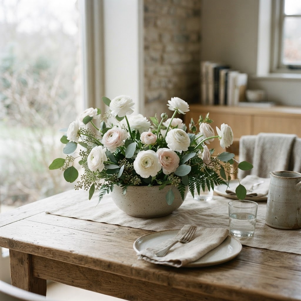 White and pale pink ranunculus with eucalyptus in a low ceramic bowl on a dining table in winter light