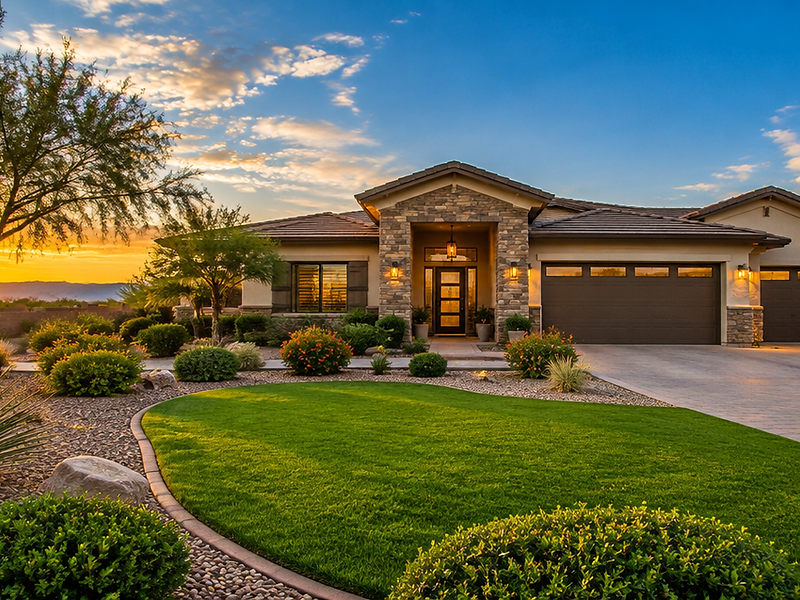 Professionally landscaped Arizona residential property at golden hour