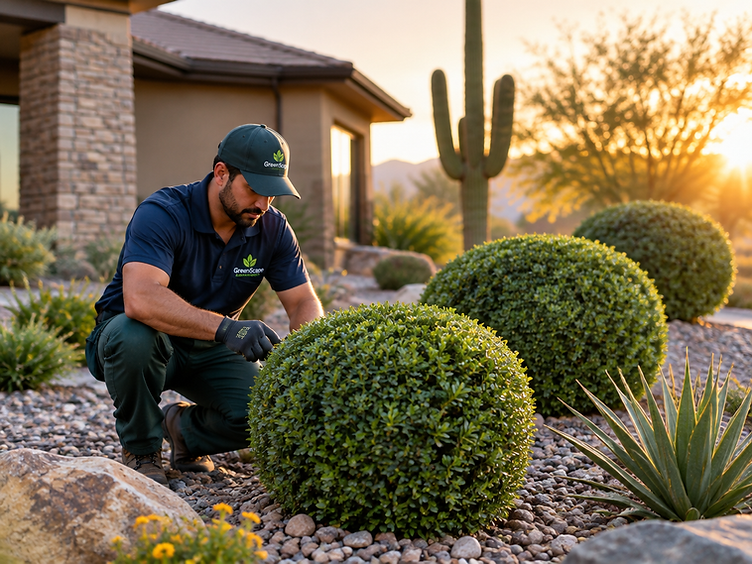 Vision Green Landscape professional tending to a manicured Arizona garden