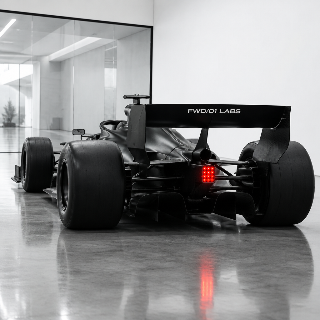 Rear three-quarter view of a black Formula-style FWD/01 Labs race car in a white garage