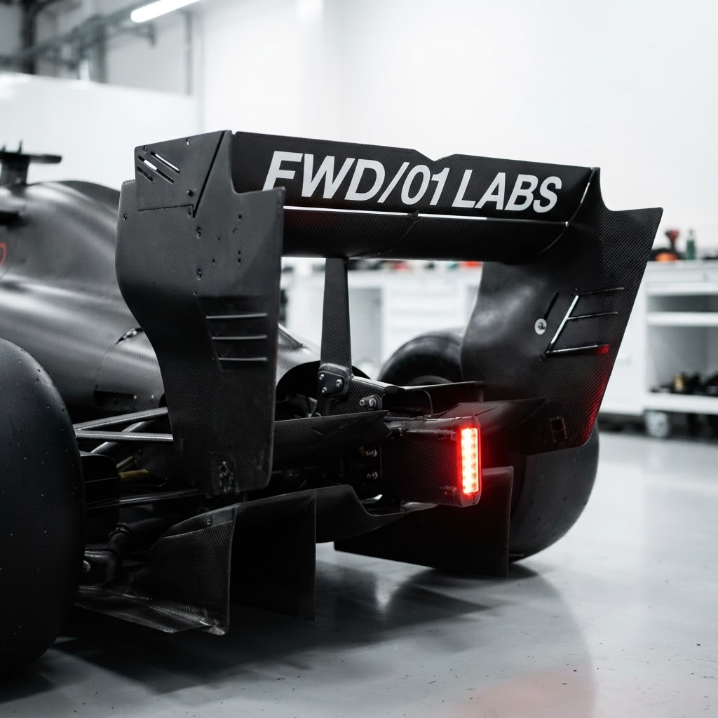 Close-up of the rear wing and carbon fiber of a black Formula-style FWD/01 Labs race car