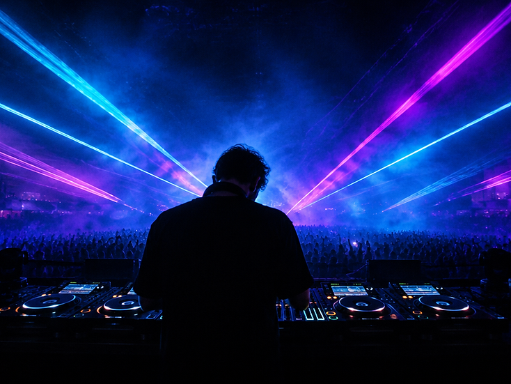 DJ de espaldas frente al público durante un set en vivo