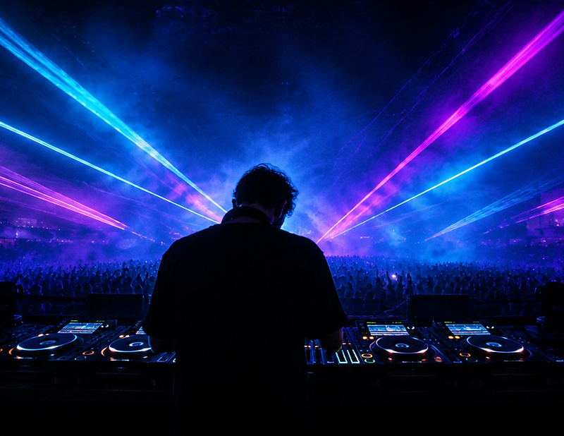 DJ en silueta frente a una multitud, con láseres azules, violetas y magenta