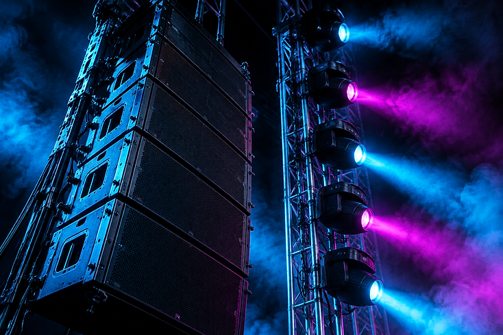 Equipos de sonido e iluminación: line-array, truss y cabezas móviles con humo