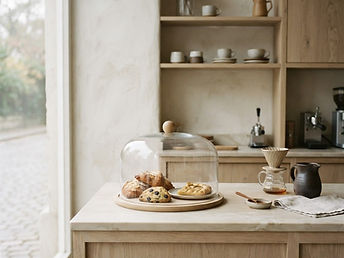 A quiet café counter with pastries arranged under a glass dome