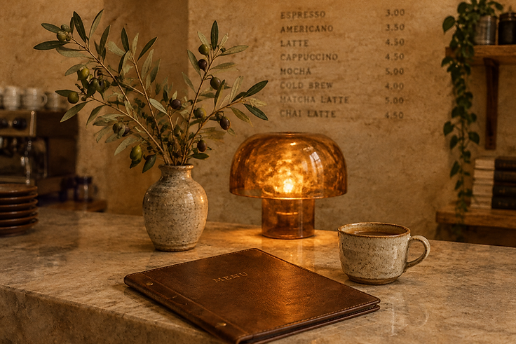 A warm café still life — ceramic cup, olive branches, leather menu and amber lamp
