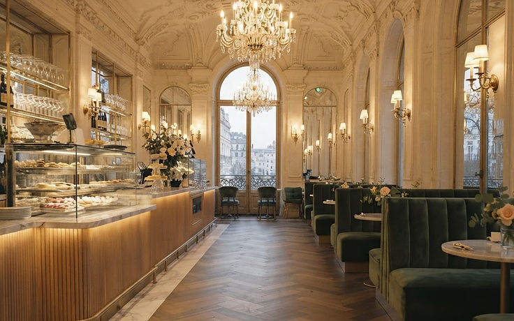 A long marble bar with brass shelving and olive velvet booths beneath a chandelier in a high-ceilinged Parisian café