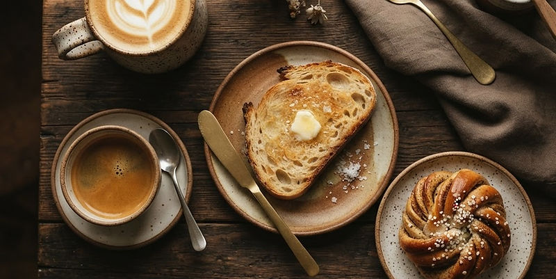 Coffee and pastries on a dark timber table