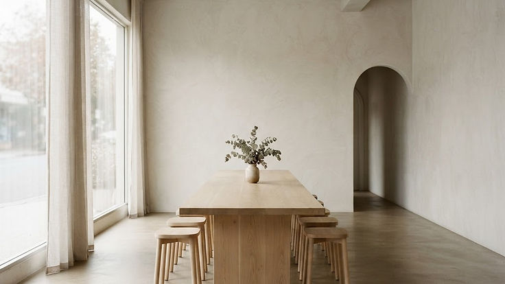 A long pale oak communal table in a light, plaster-walled café