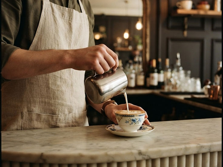 A barista in a linen apron pouring milk into a porcelain cup at a marble bar