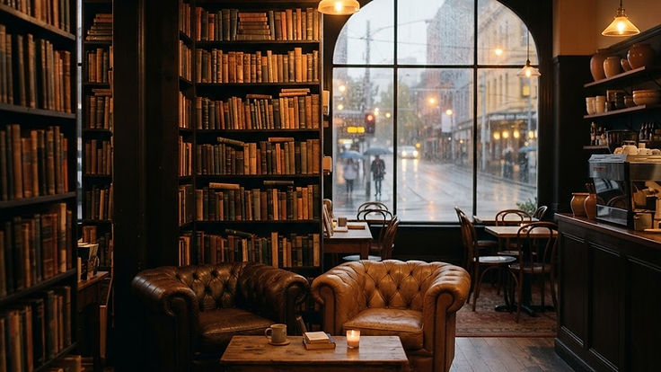 The interior of The Quiet Chapter with timber shelves and amber light