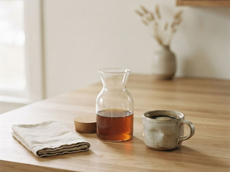 A glass carafe of batch-brew filter coffee beside a ceramic cup