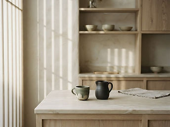 Daylight falling across pale oak joinery and honed stone