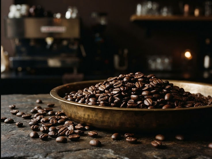 Roasted coffee beans resting in a shallow bronze tray on dark stone