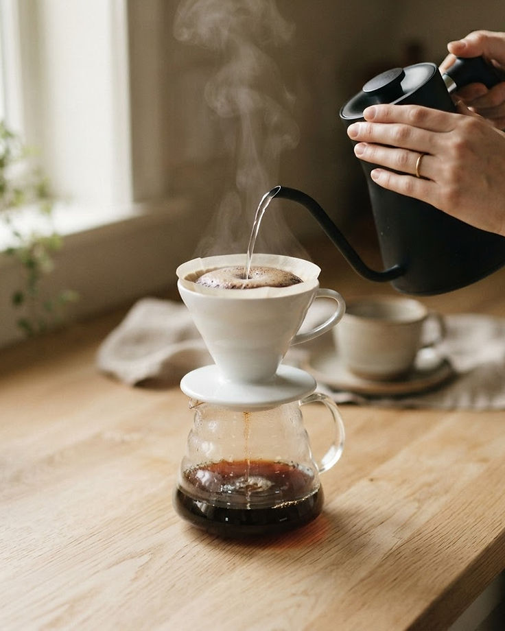 Coffee dripping through a ceramic pour-over dripper into a glass carafe