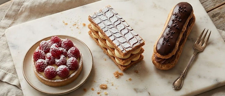 A mille-feuille, an éclair and a raspberry tart on a pale marble slab