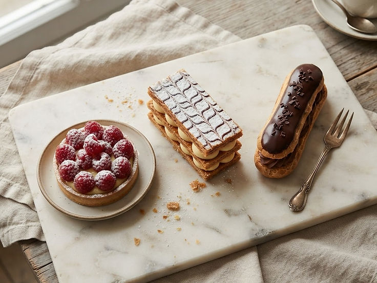 A mille-feuille, an éclair and a raspberry tart arranged on a pale marble slab
