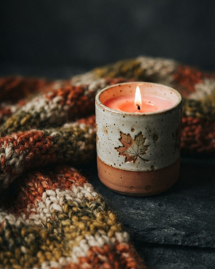 Candle and knit throw on dark surface