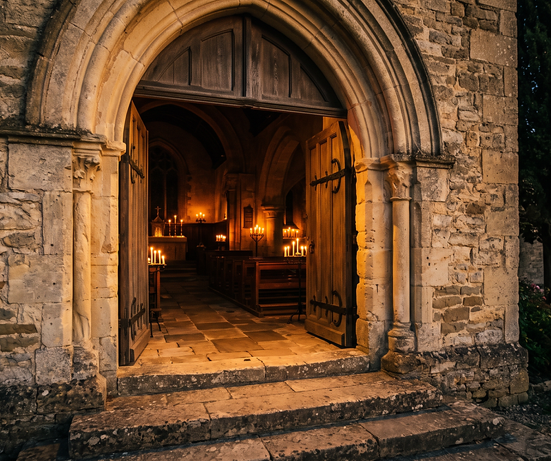 The open doors of a stone church at dusk, candlelight glowing within