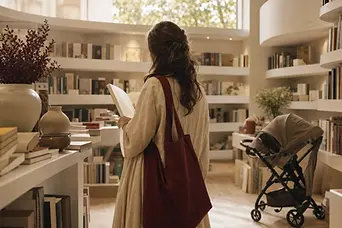 Femeie văzută din spate într-o librărie modernă, între rafturi albe, cu o carte deschisă.
