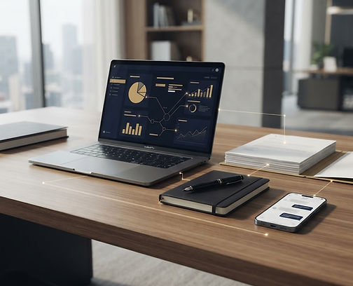 مكتب تنفيذي حديث: شاشة تعرض لوحة سير عمل رقمية ومستندات أعمال مرتبة ورسائل احترافية مترابطة