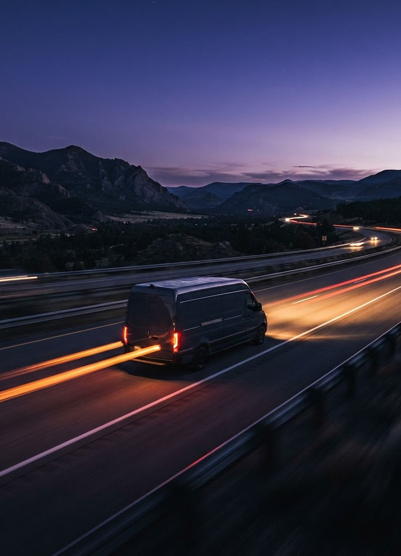 A semi truck driving on a highway at dusk with light trails
