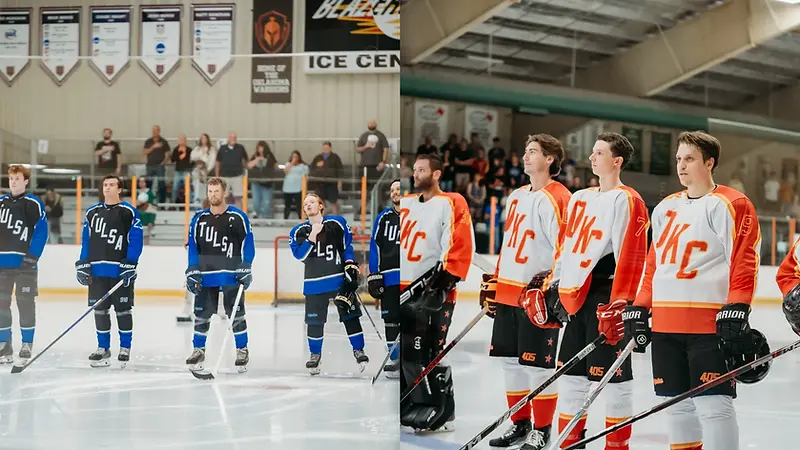 Tulsa and Oklahoma City teams lined up on the ice at Battle of Oklahoma 2026