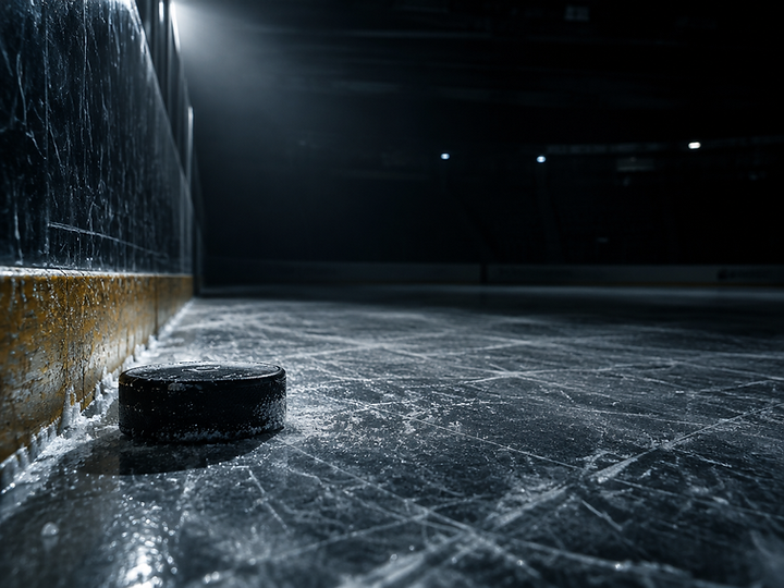 Hockey puck resting on the ice against the boards