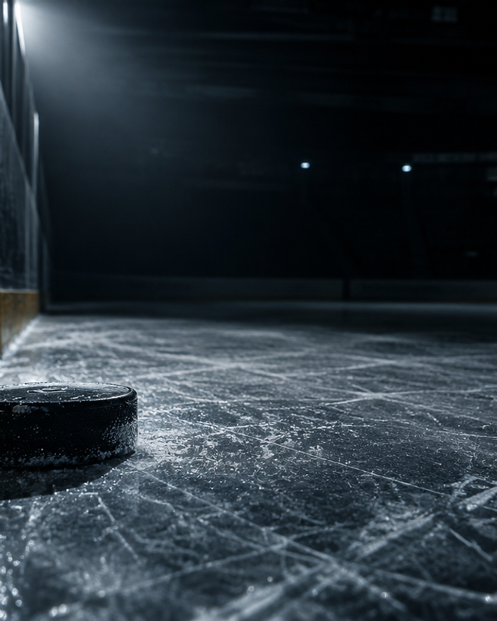 Puck on the ice in an empty arena