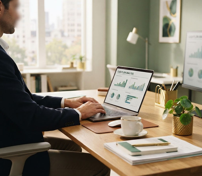 Empreendedor conferindo o fluxo de caixa no notebook, com a mesa organizada