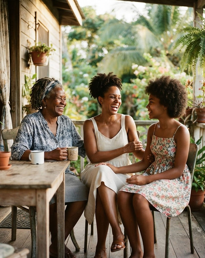 A multigenerational Jamaican family talking together on the porch of their home.