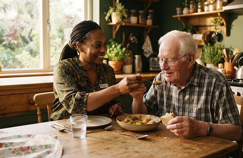 A Caribbean caregiver helping an elderly man with a meal at a bright kitchen table.