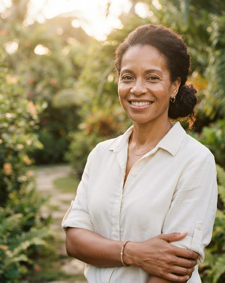 A friendly Caribbean caregiver smiling in warm afternoon light.