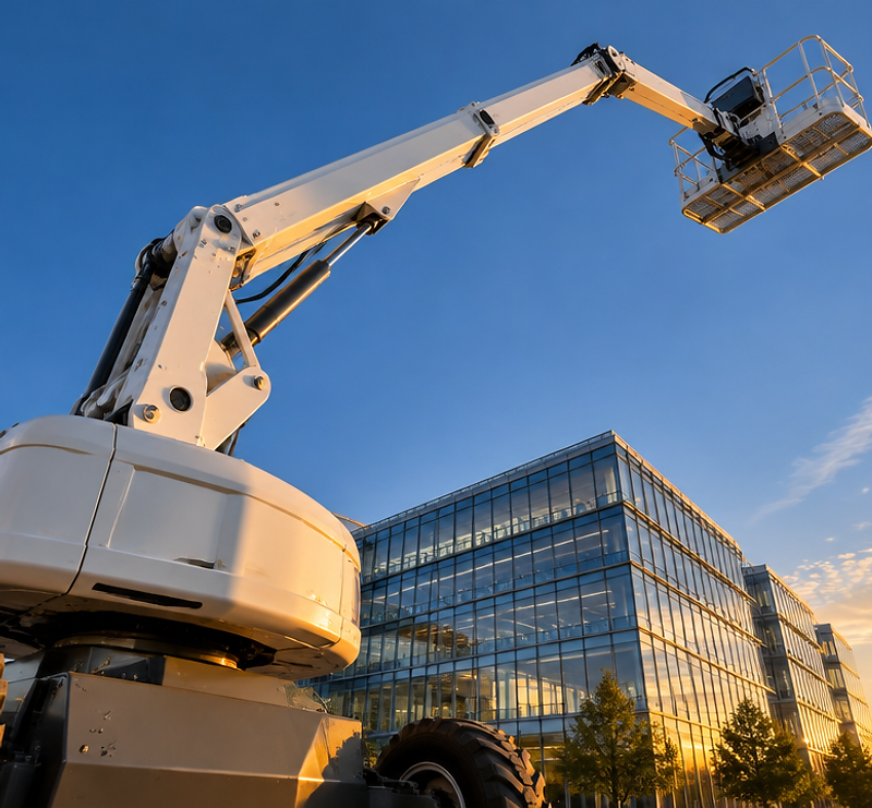 Teleskop-Arbeitsbühne voll ausgefahren gegen den Himmel über München
