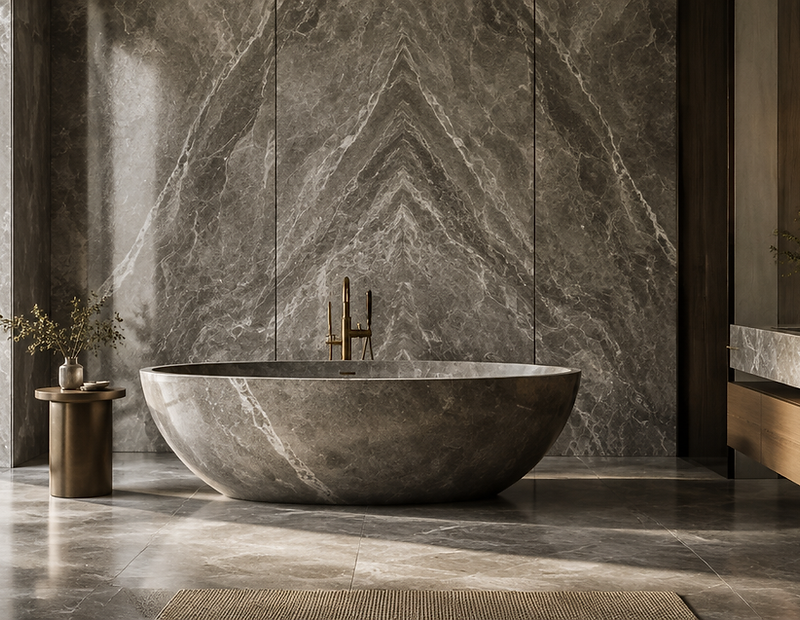 Luxury bathroom with freestanding stone bath and book-matched marble walls