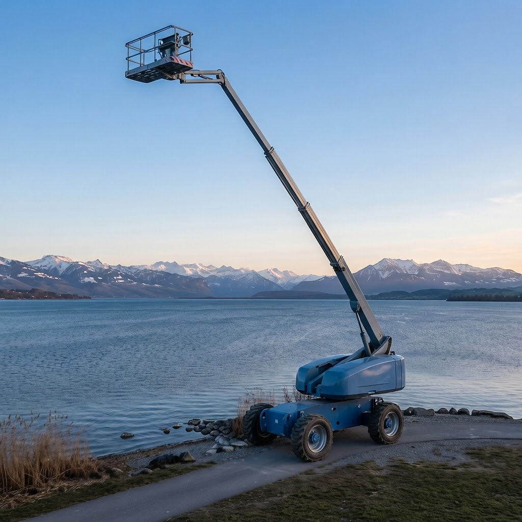 Teleskop-Arbeitsbühne am Bodenseeufer vor den Alpen