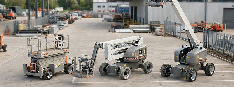 Scheren-, Gelenk- und Teleskop-Arbeitsbühnen nebeneinander