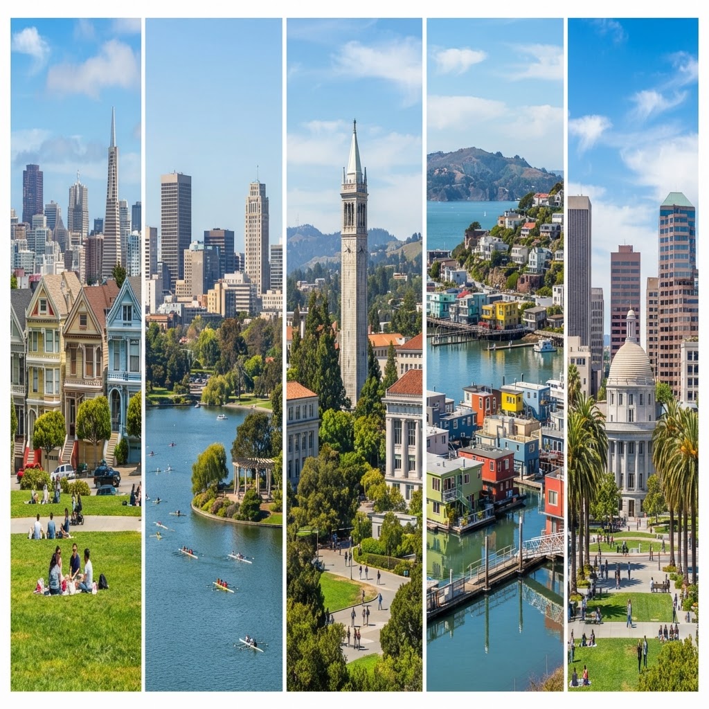 A collage of San Francisco Bay Area cities and neighborhoods — Painted Ladies, Oakland waterfront, downtown San Jose, Sausalito, and Berkeley