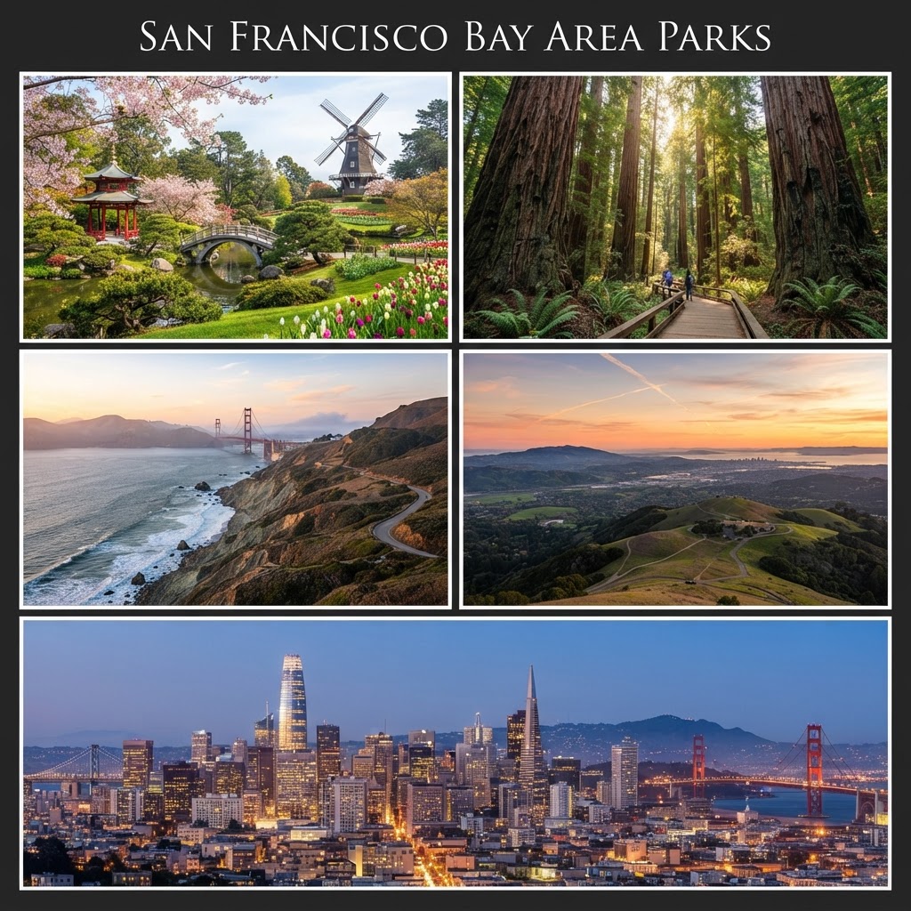 Parks and outdoor spaces in the San Francisco Bay Area — Golden Gate Park, Muir Woods redwoods, Marin Headlands, and Mount Diablo
