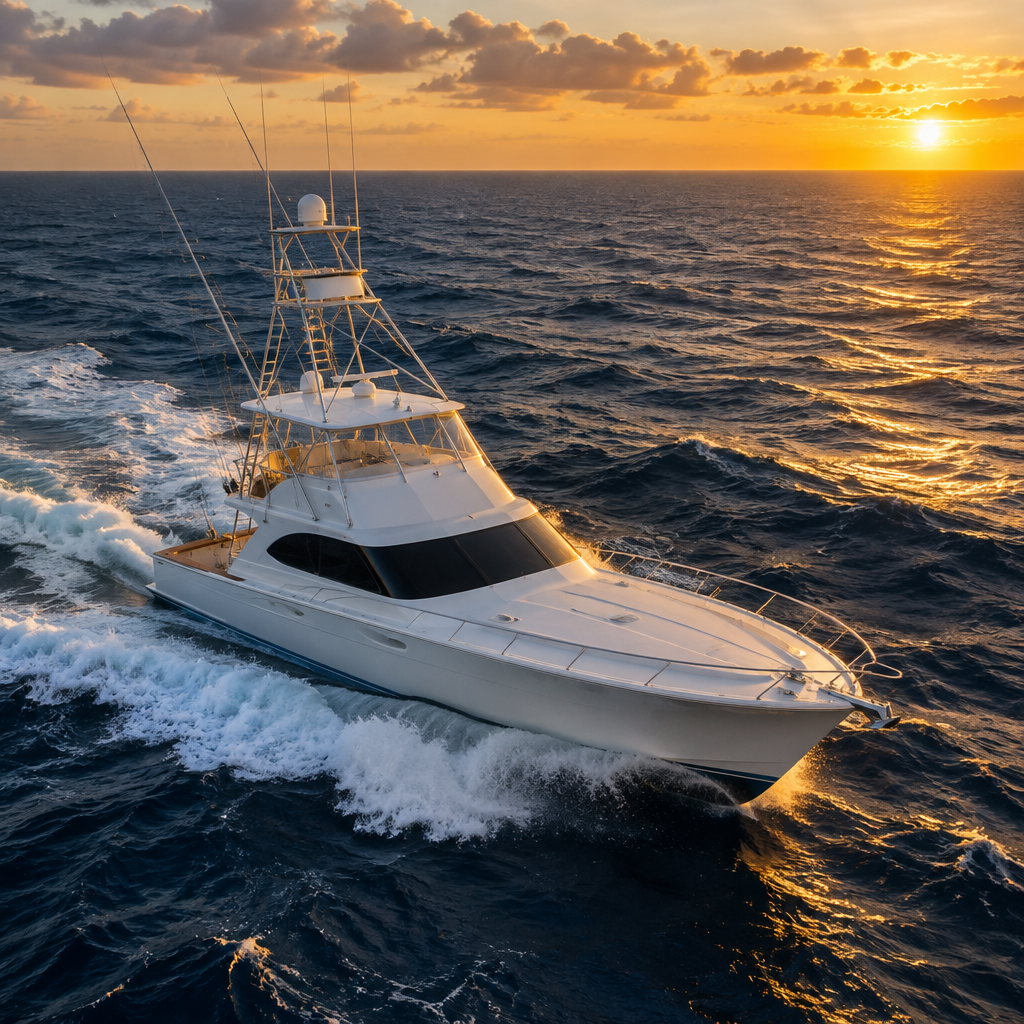 A sportfishing yacht underway on the Atlantic at golden hour, delivered by JC Yacht Delivery