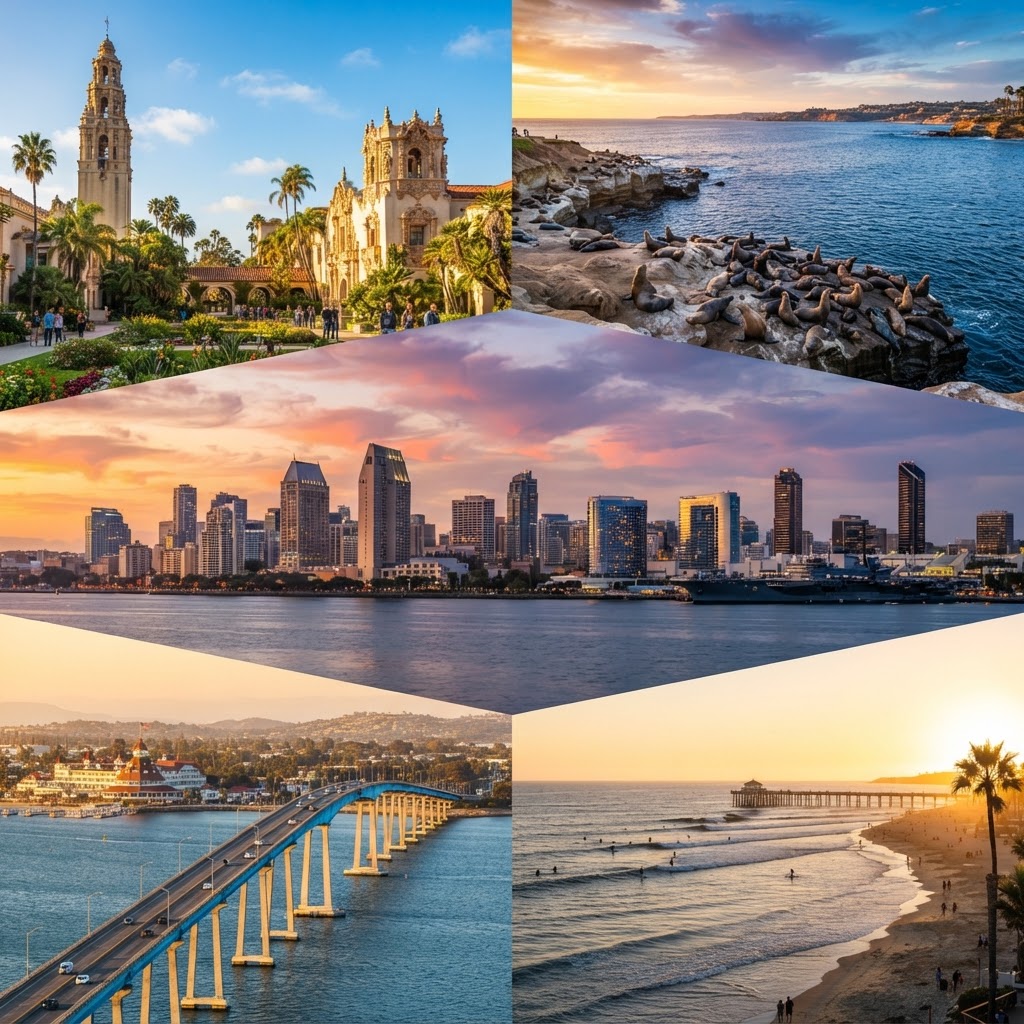 A collage of San Diego County cities and neighborhoods — Balboa Park, La Jolla Cove, downtown San Diego skyline, Coronado Bridge, and coastal communities