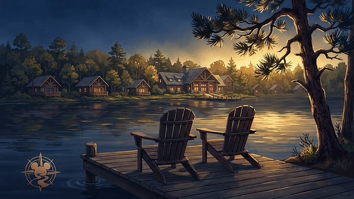 AI illustration of a calm lake at twilight with two wooden Adirondack chairs sitting on a dock in the foreground, with a warm-lit rustic lodge and cabin structures nestled among trees on the opposite shore, featuring a stylized Mickey-shaped compass icon in the bottom left corner.
