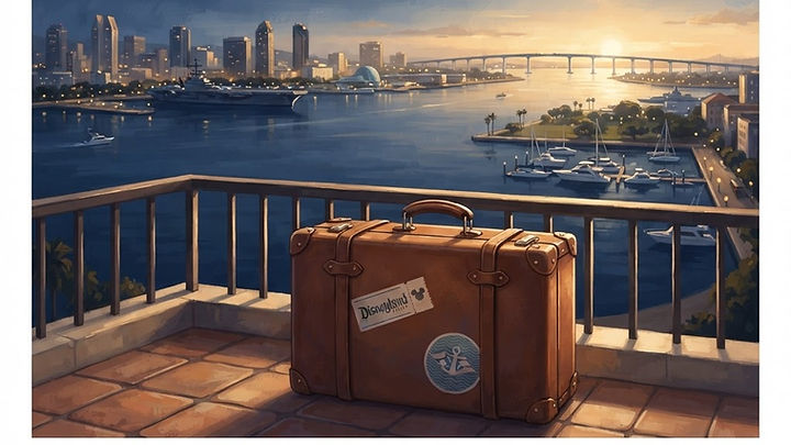 AI illustration of a vintage leather suitcase with a Disneyland sticker resting on a balcony overlooking the San Diego bayfront and skyline at sunset.