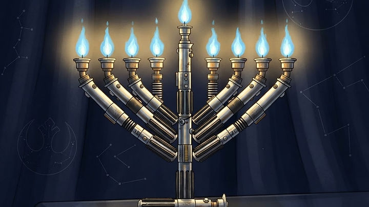 AI illustration of a menorah created from Star Wars lightsaber hilts, featuring blue flames against a dark background with Rebel Alliance symbols.