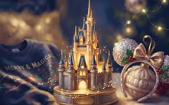 AI illustration of a festive holiday display featuring a musical light-up castle figurine in the center, a sweater with 'Merry & Magical' text on the left, and a pair of holiday-themed Minnie ears with a gold bow on the right, set against a blurry, warm-lit Christmas tree background.