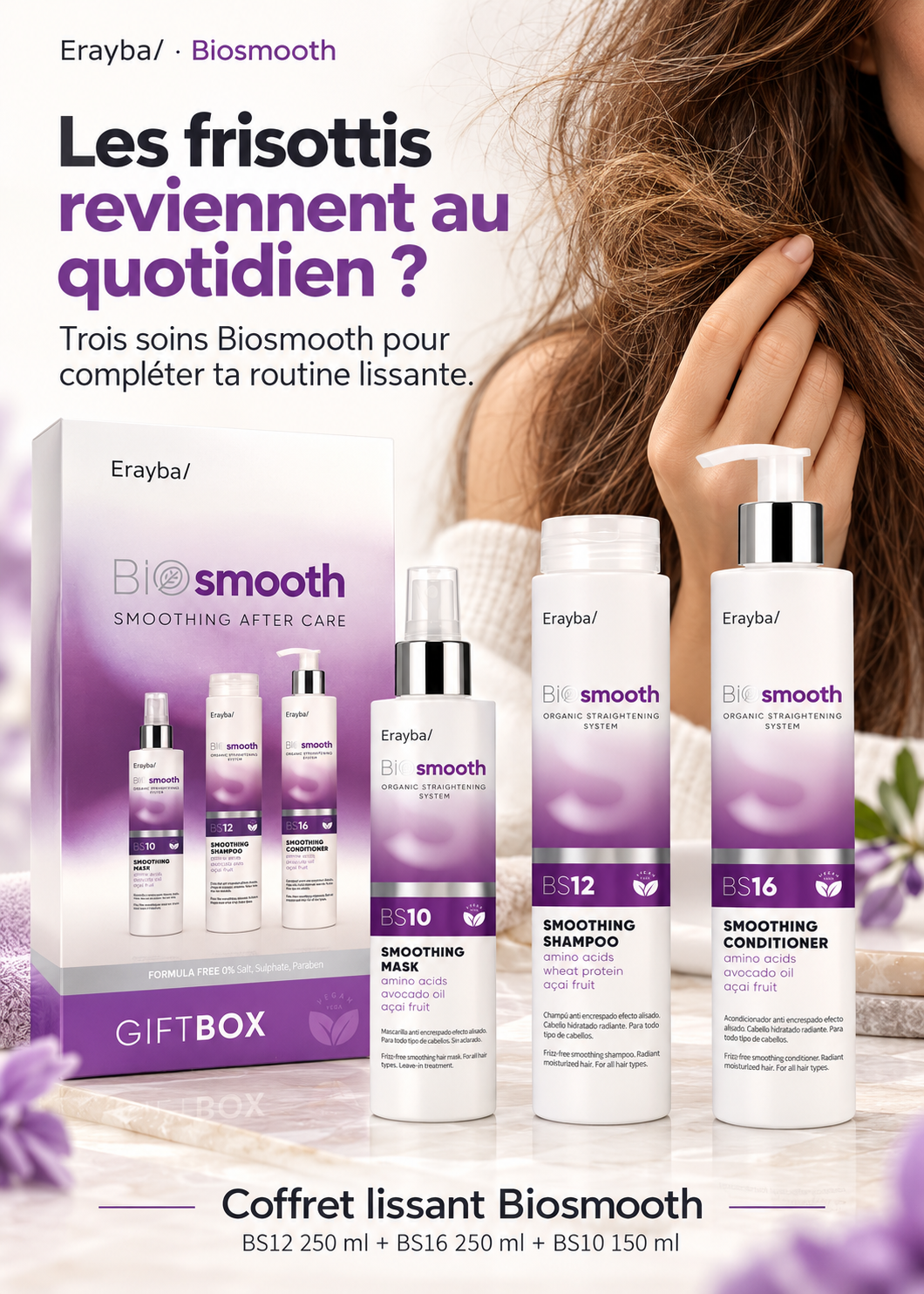 Coffret Lissant Bio Smooth – Shampoing 250 ml + Après-Shampoing 250 ml + Masque 150 ml, bénéfices clés