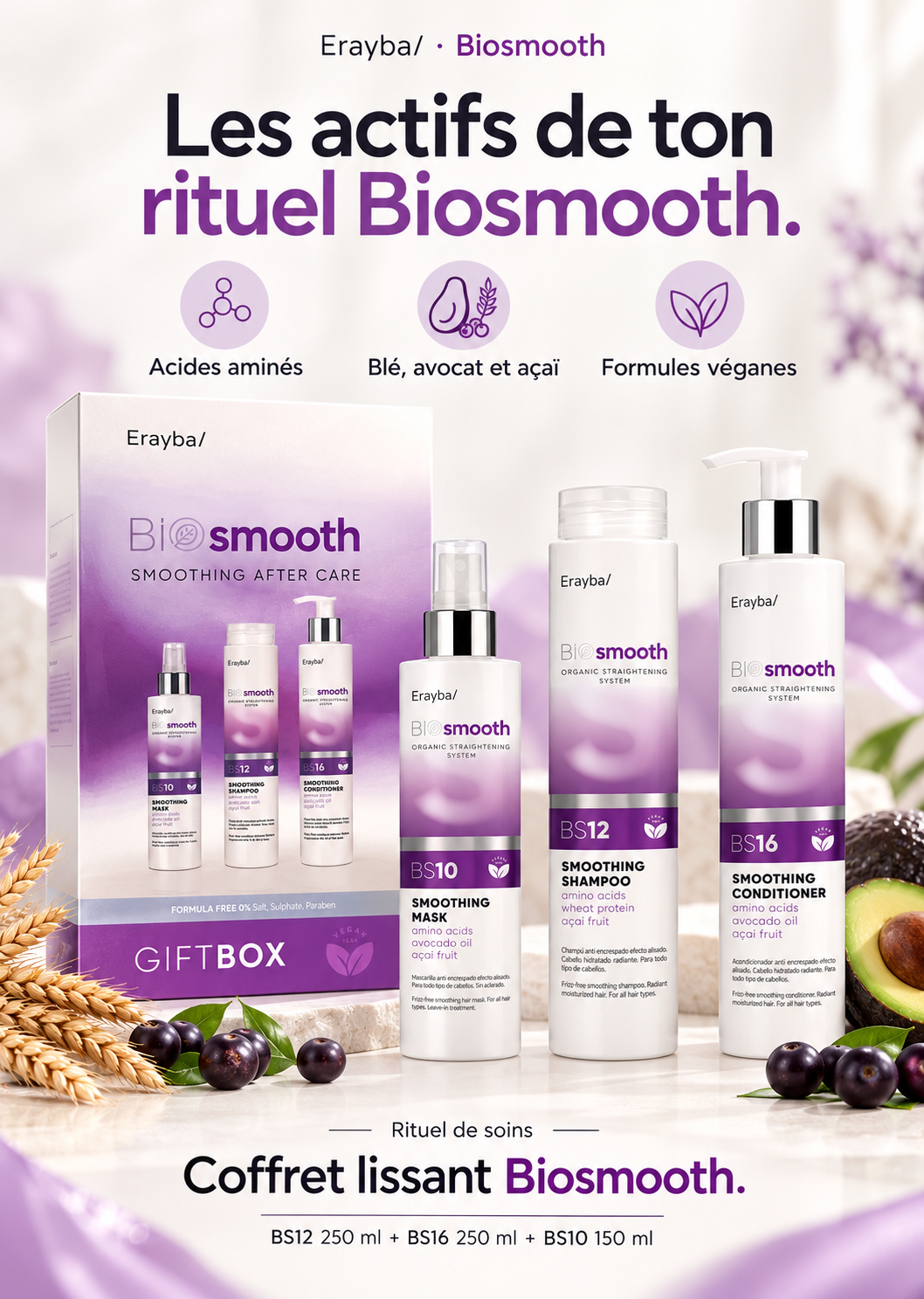 Coffret Lissant Bio Smooth – Shampoing 250 ml + Après-Shampoing 250 ml + Masque 150 ml, la formule