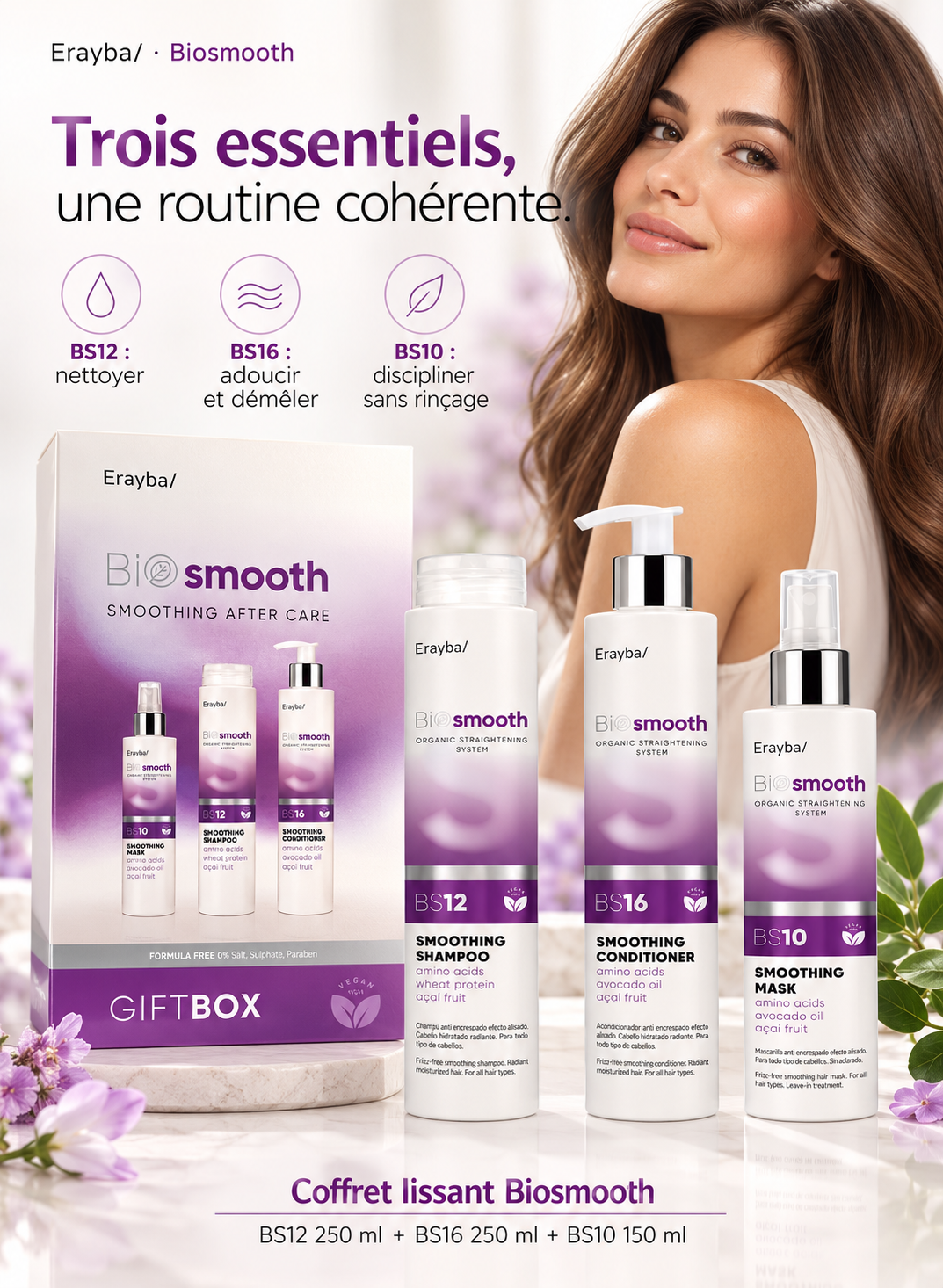 Coffret Lissant Bio Smooth – Shampoing 250 ml + Après-Shampoing 250 ml + Masque 150 ml en utilisation