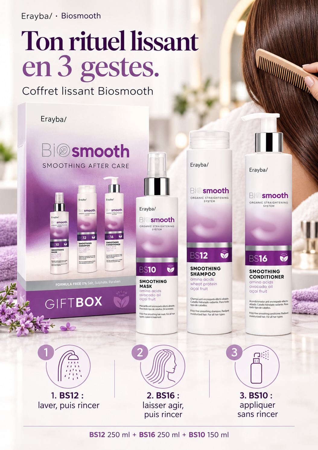 Texture du Coffret Lissant Bio Smooth – Shampoing 250 ml + Après-Shampoing 250 ml + Masque 150 ml
