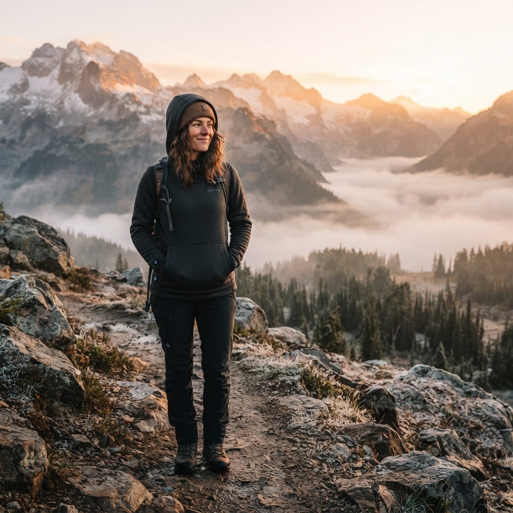 Heated sweatshirt worn outdoors in cold weather